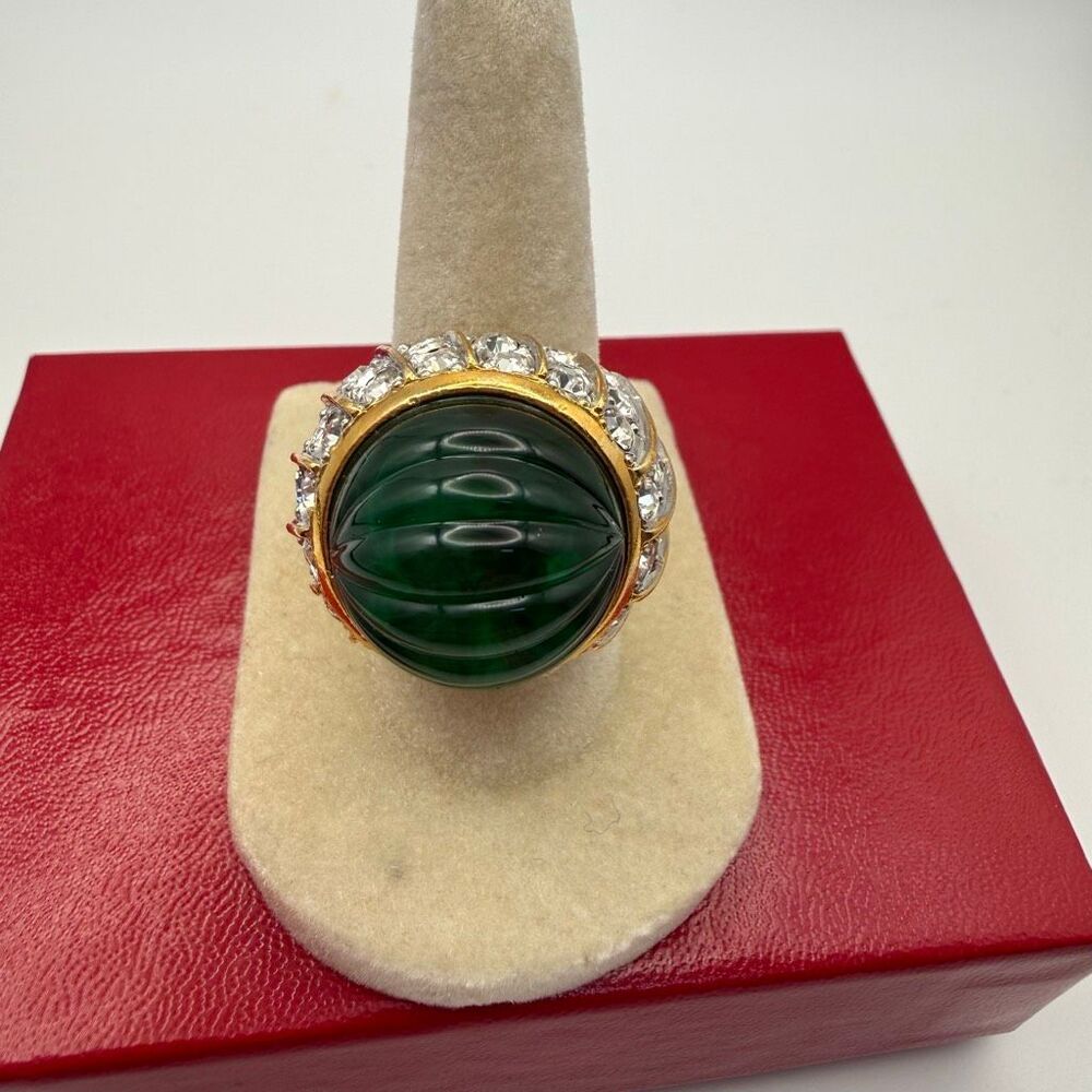 Kenneth Jay Lane Faux Jade Emerald Rhinestone Dome Cocktail Ring Adjustable5-5.5 - Picture 4 of 5